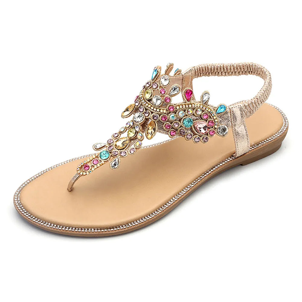 Gold low heel sandals with colourful diamond embellishments TPR sole open toe