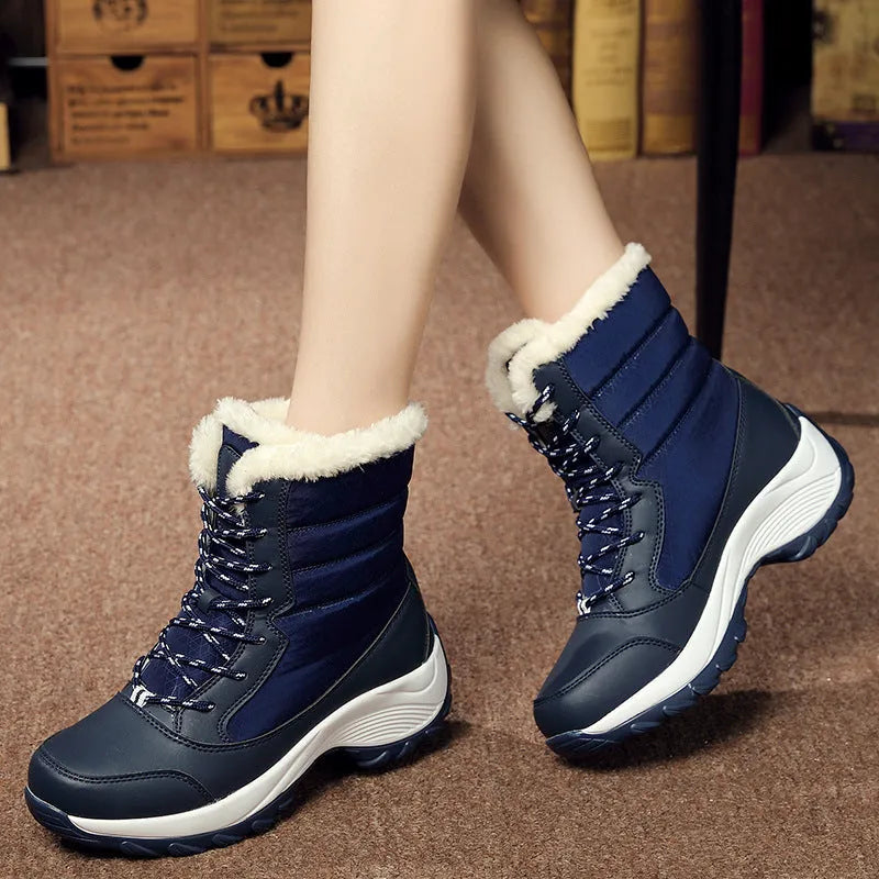 Velvet high-top women's snow boots waterproof umbrella cloth upper round toe wedge heel winter footwear
