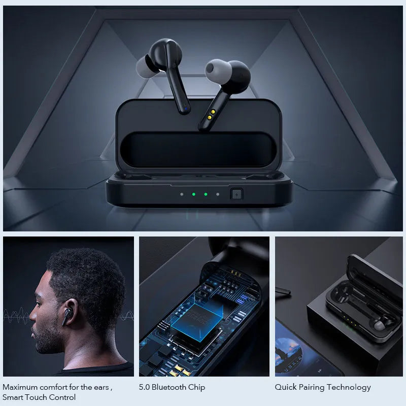 Black and white true wireless earbuds with charging case, showcasing compact plastic design for Bluetooth audio