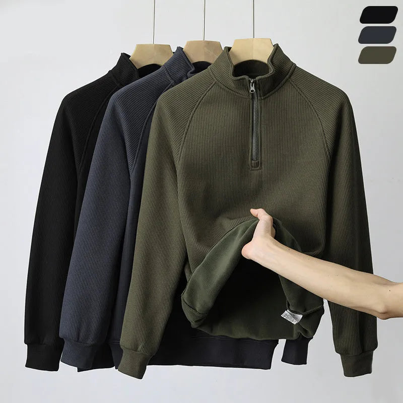 Men's stand-collar fleece sweatshirt in army green with long sleeves, front view