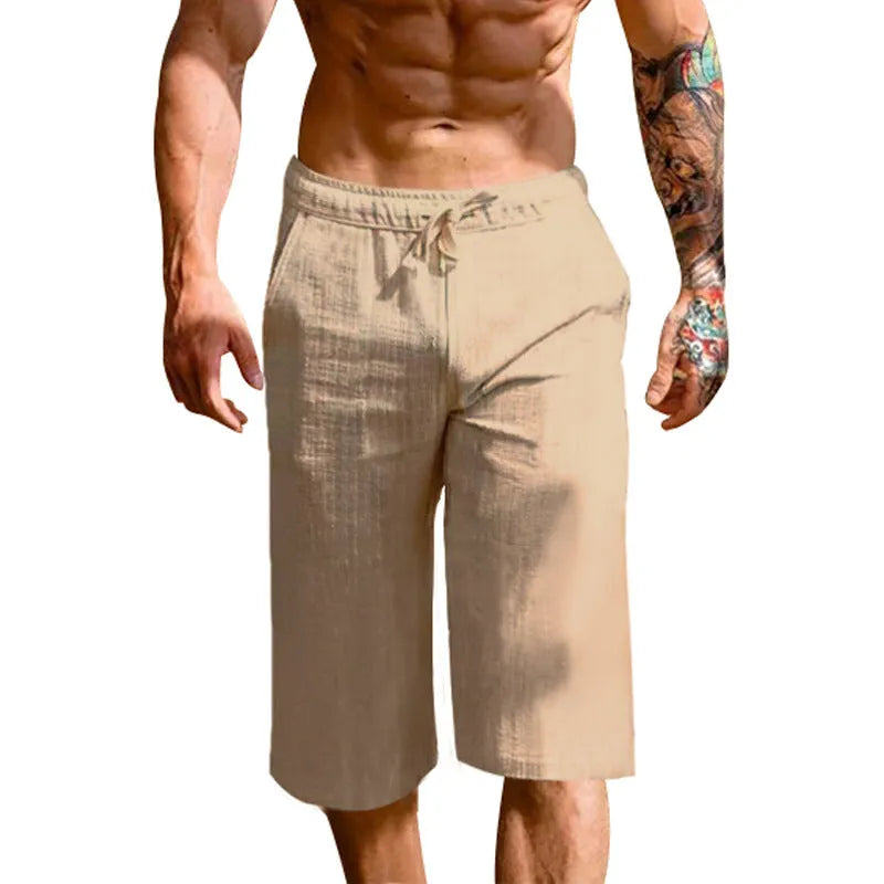 Men's loose linen blend cropped trousers in khaki, front view, casual fit mid waist