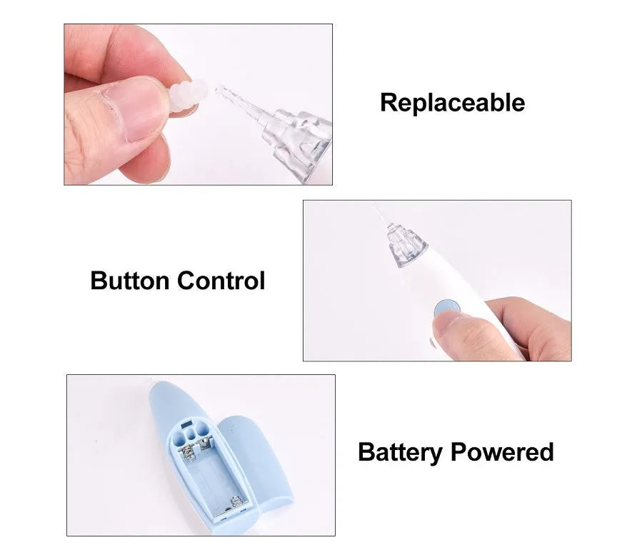Rotating earwax vacuum cleaner with spiral silicone head, blue, with LED light and multiple attachments