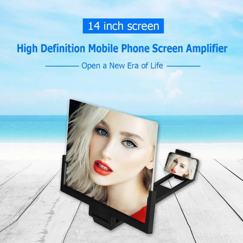 A black magnifying mobile phone stand holding a smartphone, showing the enlarged screen through the acrylic lens.