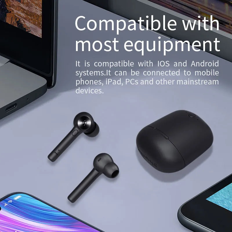 Black TWS Bluetooth headset with compact dimensions of 60mm by 67.5mm