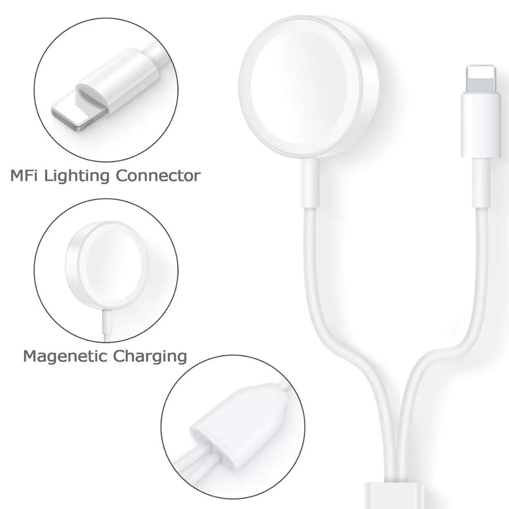 White two-in-one wireless smartwatch charger with USB connection port