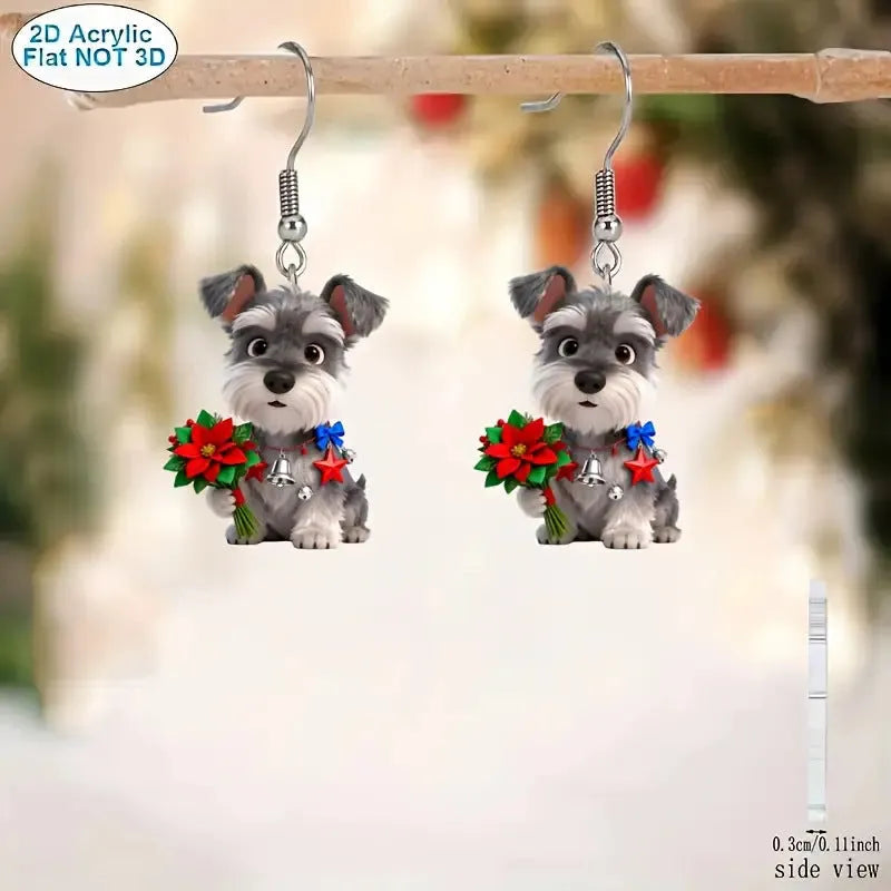 Flat cartoon schnauzer dog acrylic earrings in Christmas style on a white background