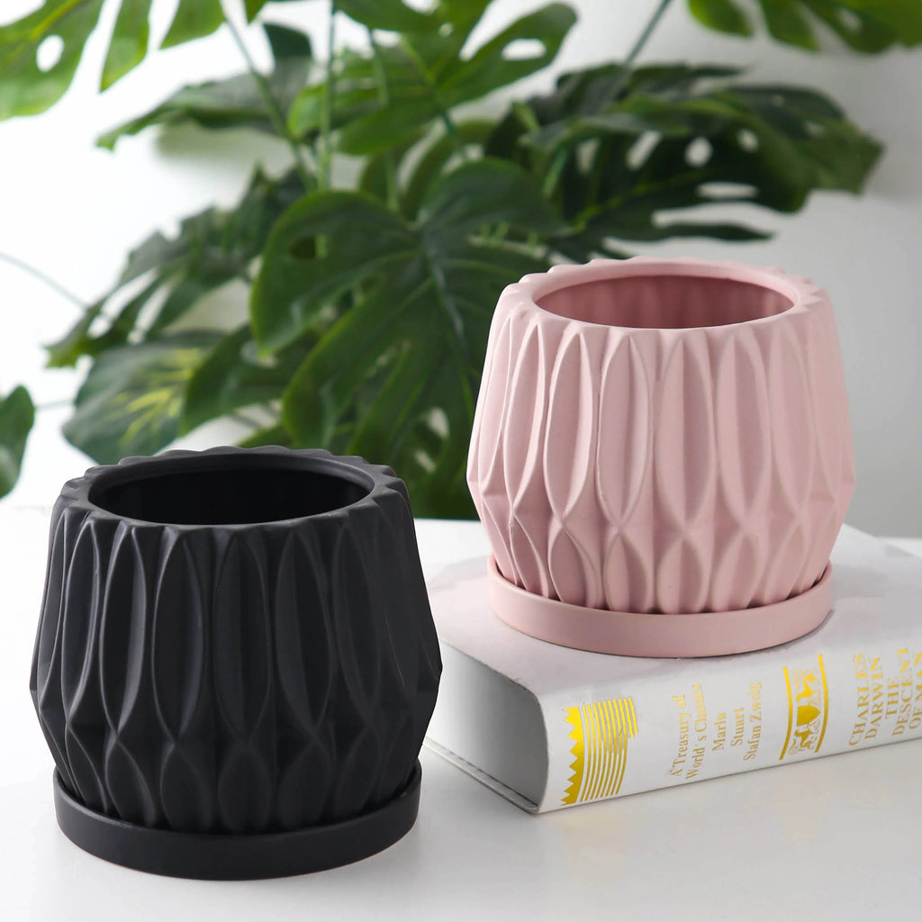 Grey ceramic medium-sized tabletop flowerpot for desktop or floor plants