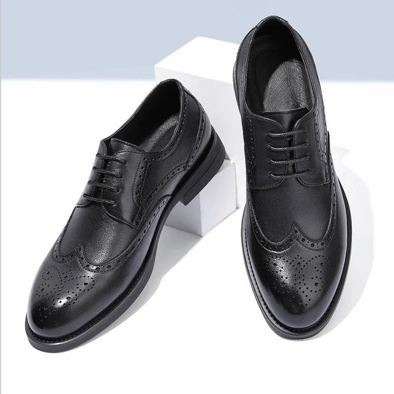 Men's black and brown PU leather brogue shoes for business formal attire.