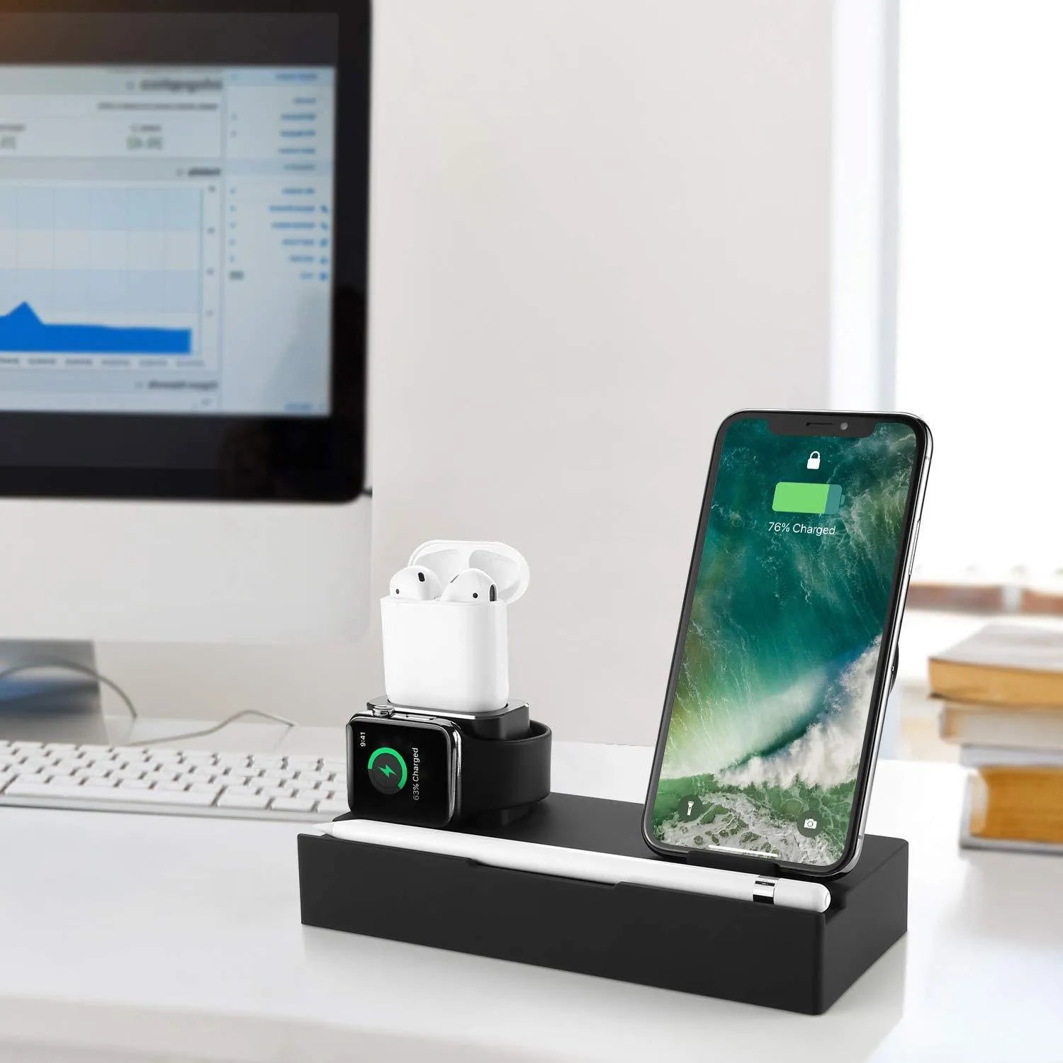 Black eight-port wireless charging bracket with USB ports and fireproof ABS+PC construction