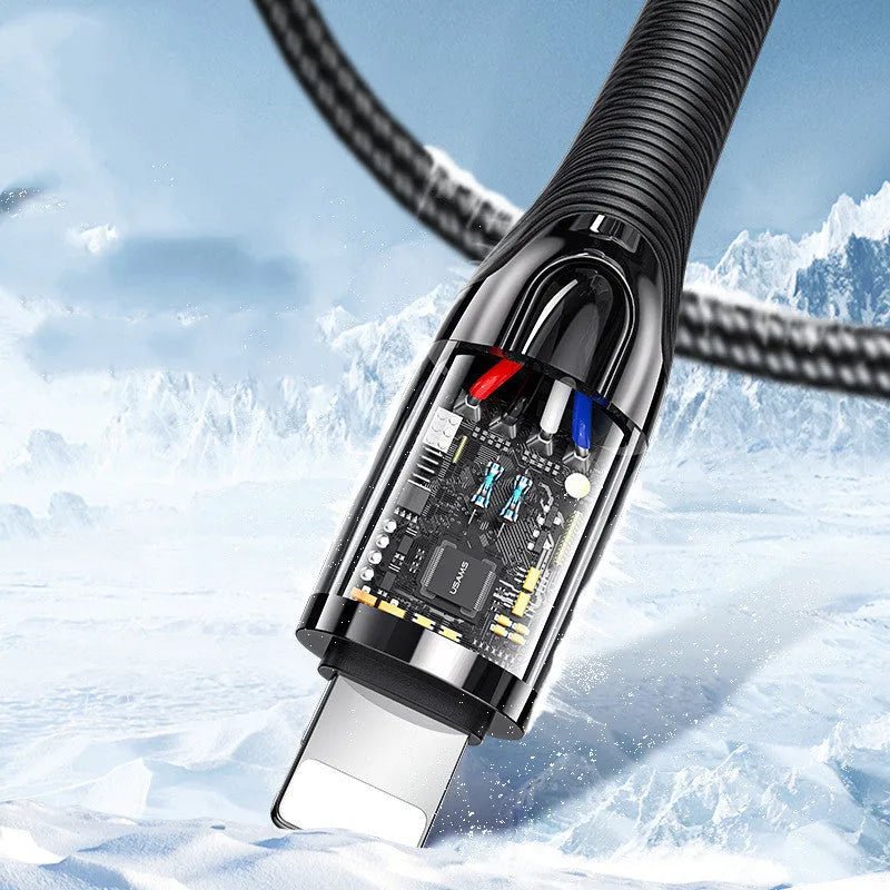 Black braided Lightning cable with zinc alloy connector for iPhone, shown with smart power-off feature.