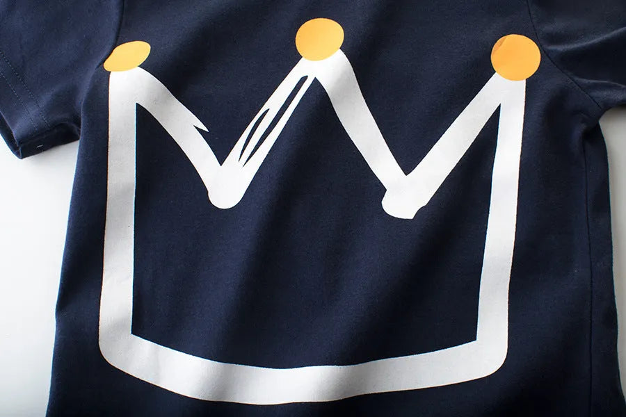 Boys' short sleeve cotton t-shirt in Korean style showing royal blue and flower grey colour options