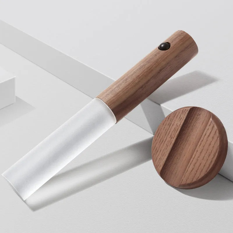 Wood and glass sensor LED desk lamp showing compact dimensions and contemporary design