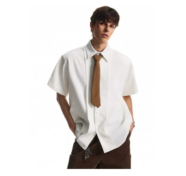 Detachable Padded Shoulder Lapel Short Sleeve Shirt for Men and Women, Loose Fit Minimalist Style, Polyester Blend with Non-Ironing Treatment, Available in Black and White Sizes M to 2XL