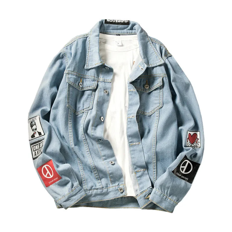 Blue casual denim jacket with lapel collar, loose fit, long sleeves, and multiple pockets