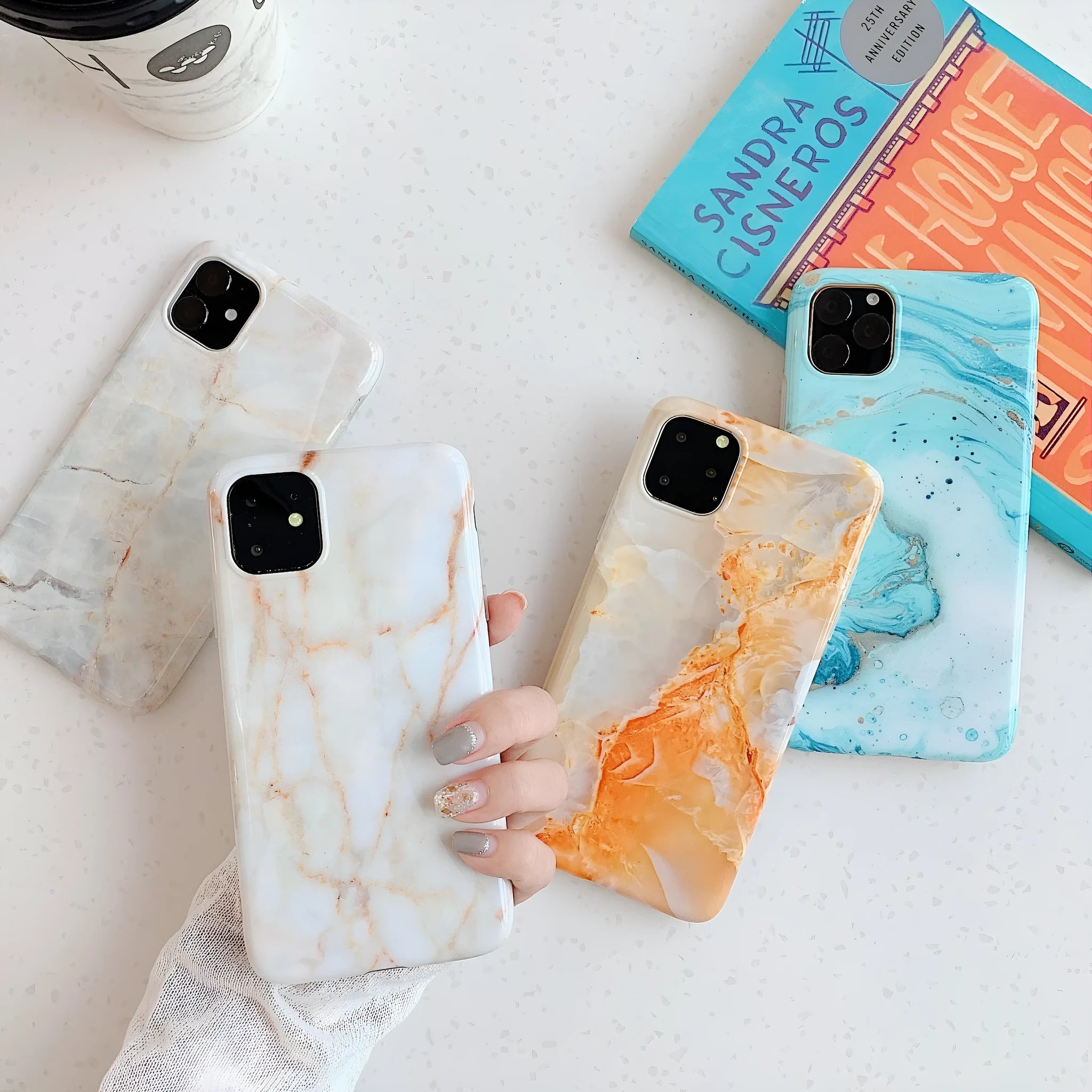 Frosty marble silicone phone case back cover with geometric pattern in multiple colours for iPhone models