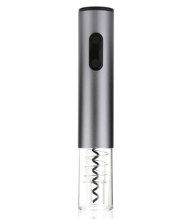 Silver automatic electric wine bottle opener with integrated foil cutter.