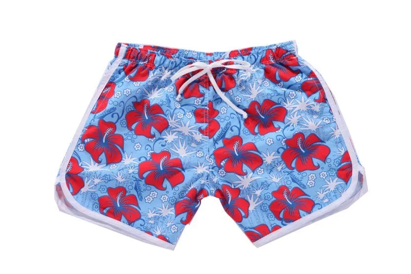 Men's loose quick-dry beach shorts in blue flower pattern, polyester-cotton fabric