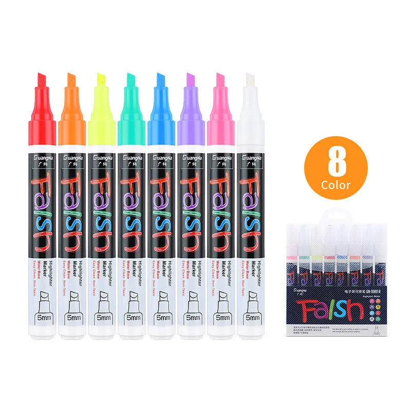 Set of electronic fluorescent board highlighter pens with plastic shells in multiple colours on a retail card.