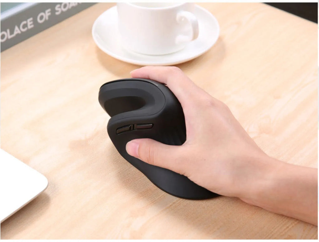 Wireless vertical mouse with 6 buttons, black, ergonomic design, adjustable DPI, on a desk surface