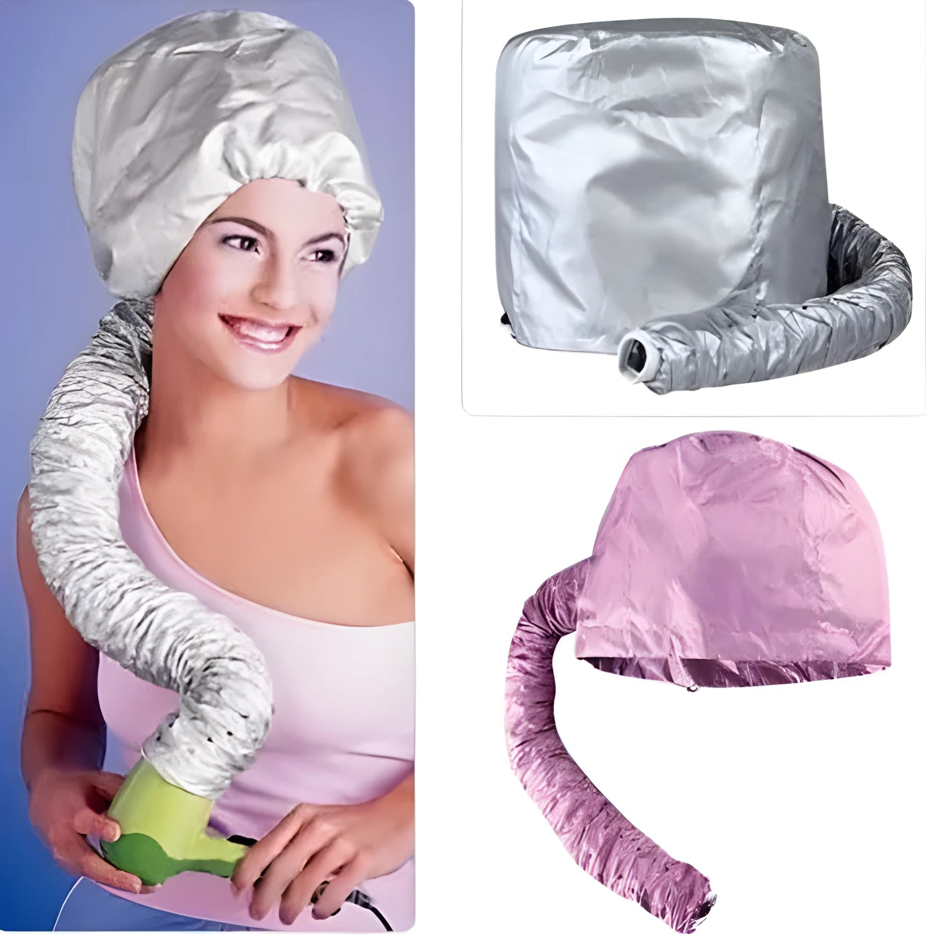 Pink hair dryer bonnet hood with drawstring on a head, attached to a hair dryer nozzle for styling