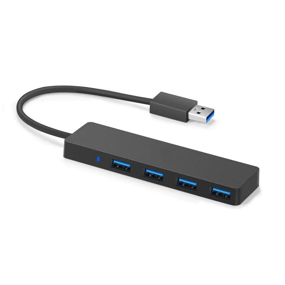 Black USB 3.0 hub with four ports, LED indicators, and a 30cm connecting cable.
