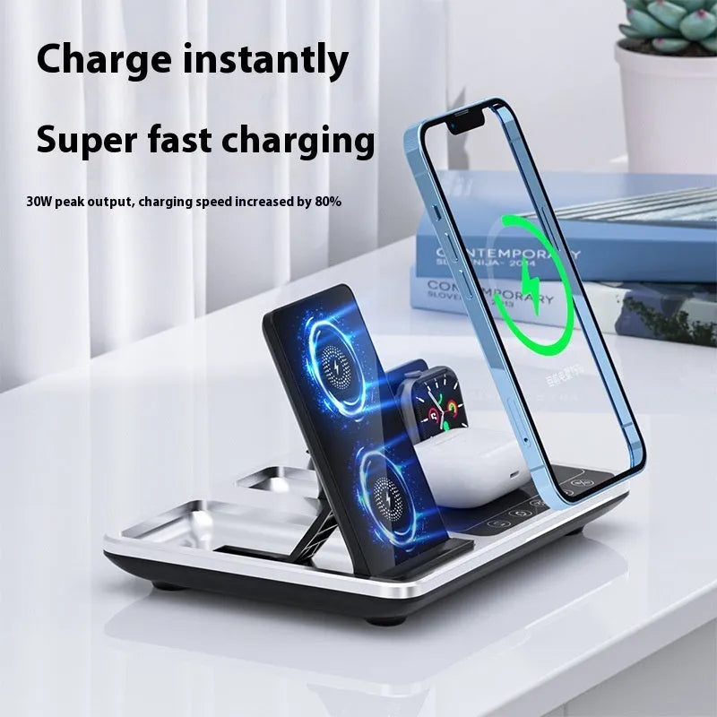 Multifunctional wireless fast charging clock folding bracket for mobile phone in black plastic version