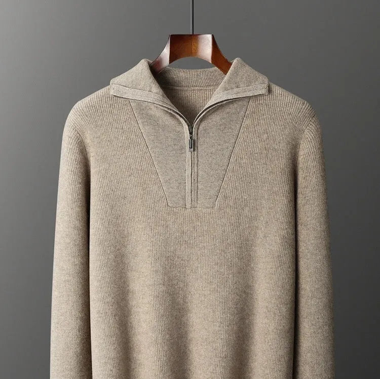Men's half zip thick jacquard sweater in solid camel colour with stand collar, front view