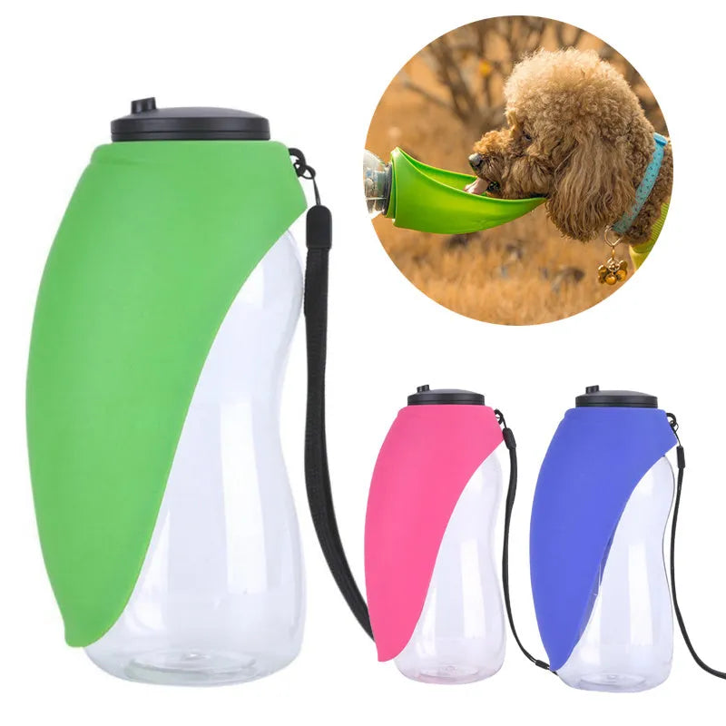 Blue plastic dog water bottle with built-in drinking bowl showing 680ml capacity and key lock mechanism