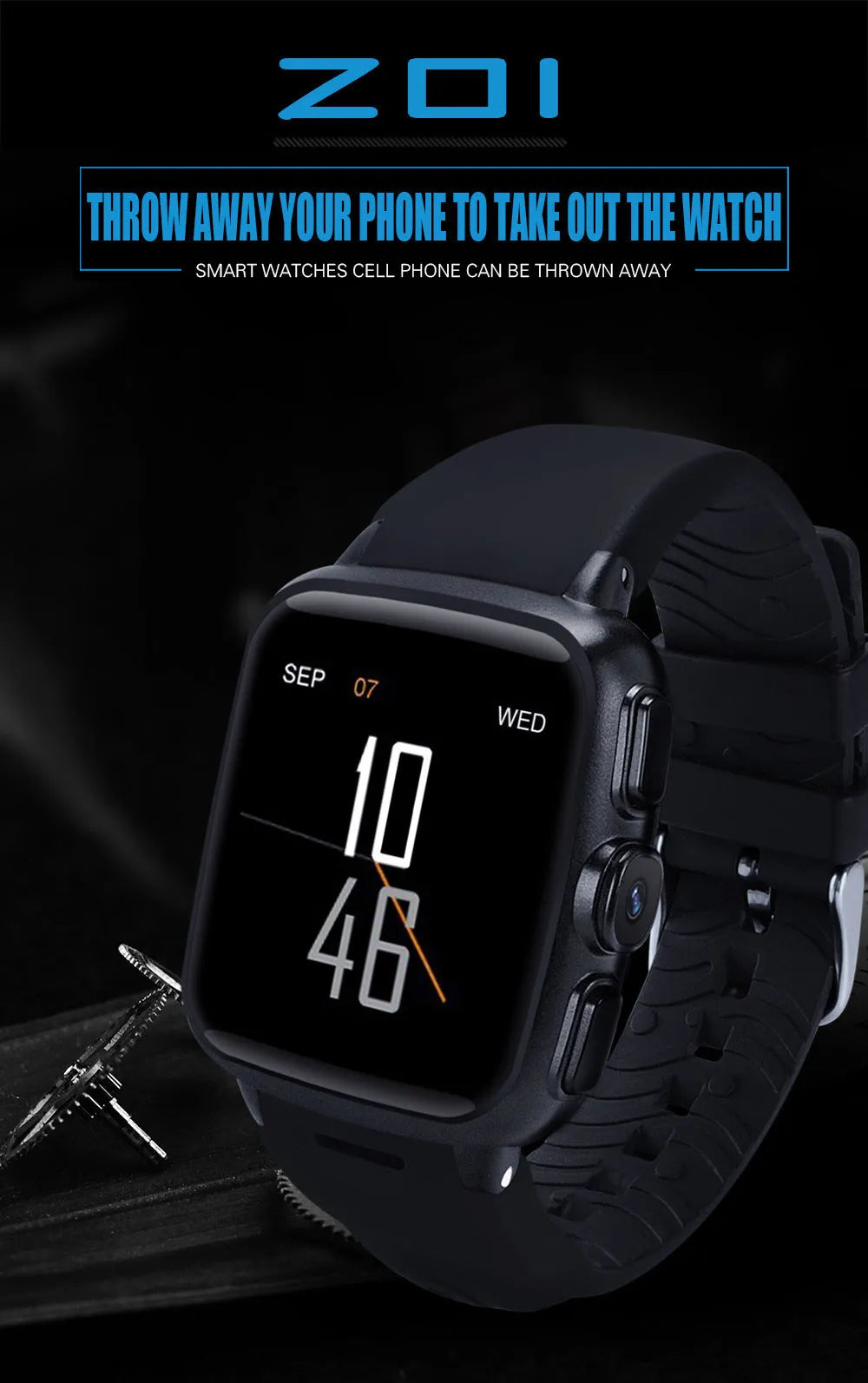 Z01 smart watch in black on a wrist, showing its 1.54-inch touch screen and camera.