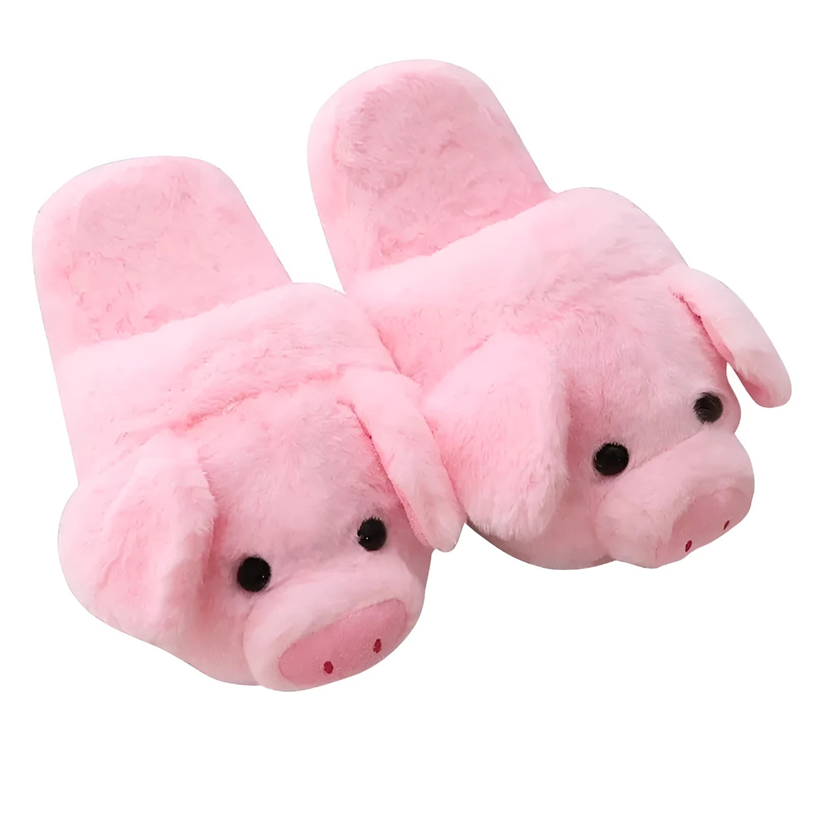 Pink pig-themed plush house slippers for adults on a plain background.
