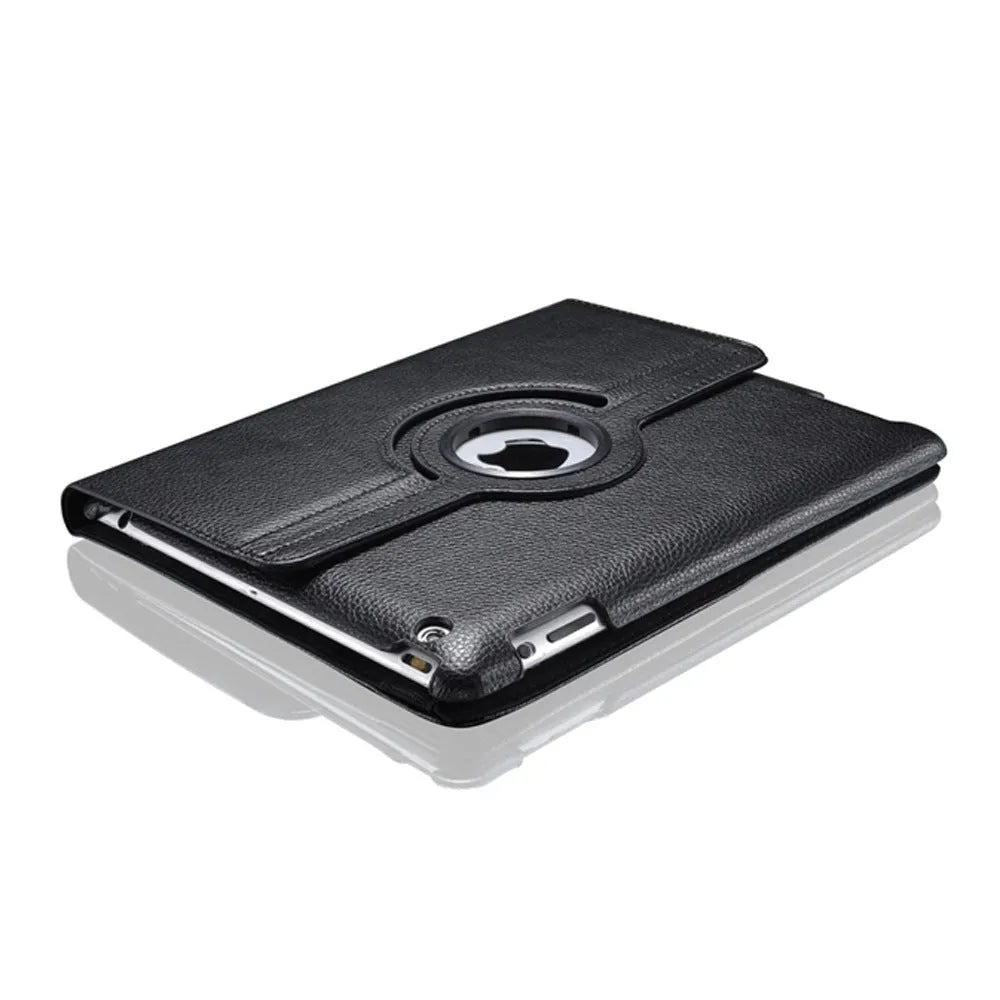 iPad rotary leather case in clam shell design shown in multiple colour options including pink, blue, and black.