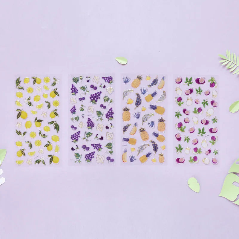 DIY fruit bronzing stickers with grape, orange, passion fruit, peach, pineapple and strawberry designs