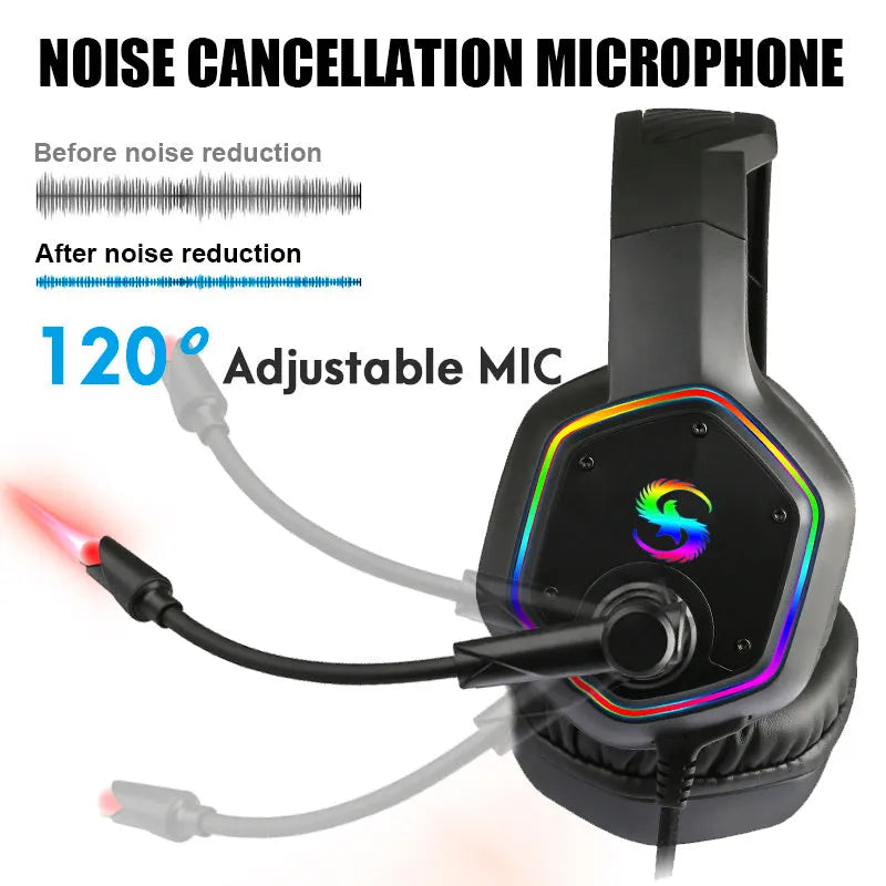 Black wired gaming headset with RGB lighting and built-in microphone showing 3.5mm plug connection