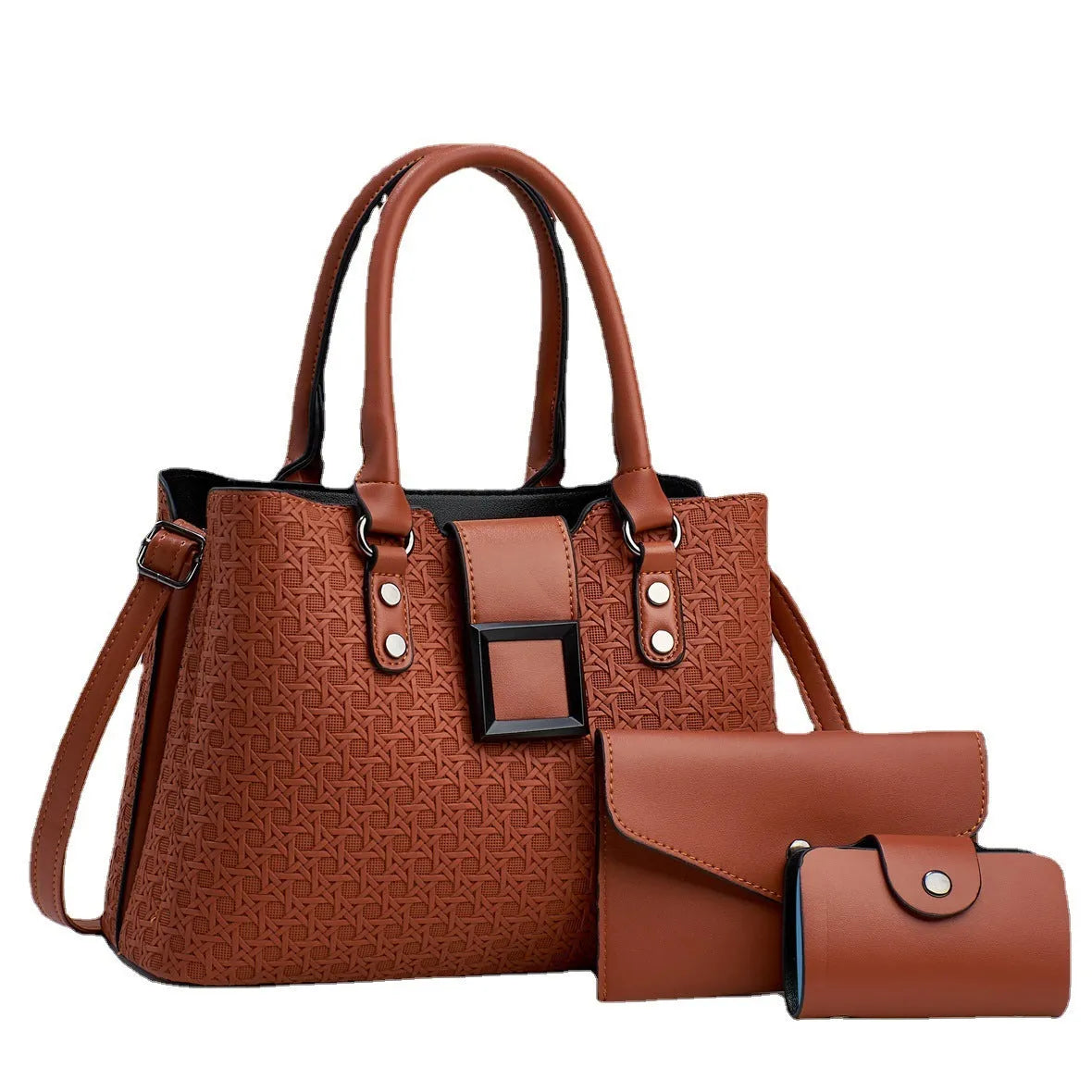 Women's textured PU crossbody bag set in square vertical design with three internal compartments
