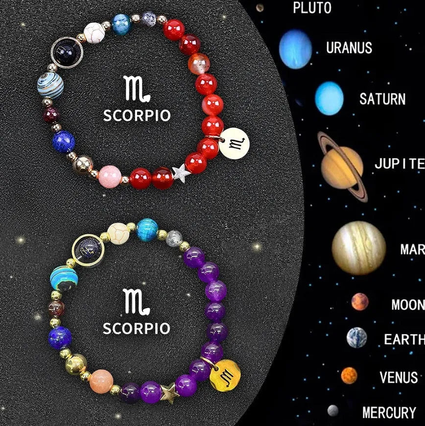 Twelve zodiac bracelets with natural stone beads and metal charms on a silk cord, showing adjustable knot.