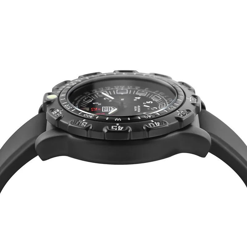 Men military watch with black dial, silicone band, and luminous hands on white background