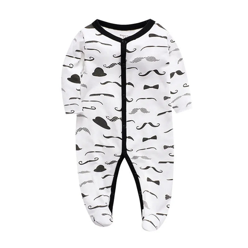 A soft cotton baby one-piece garment featuring a dinosaur print, shown on a hanger.