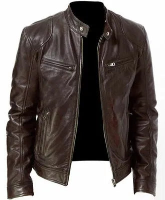 PU leather jacket slim fit zipper front in Black for men