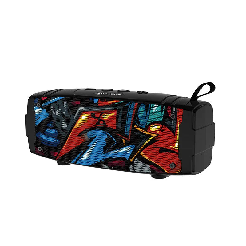 Portable Bluetooth speaker in multiple colours showing front speaker grilles and a side USB port for charging and memory expansion.