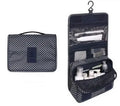 Blue polyester hanging wash storage bag with handle, 24x19x10cm, travel cosmetic bag on white background