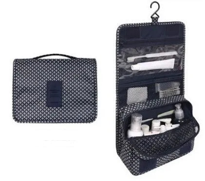 Blue polyester hanging wash storage bag with handle, 24x19x10cm, travel cosmetic bag on white background