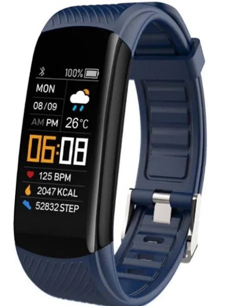 C5S model black waterproof smart fitness bracelet with 0.96-inch screen on a wrist.