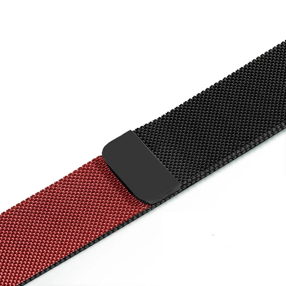 Stainless steel watch strap in silver, shown next to black, gold, and rose gold colour options.