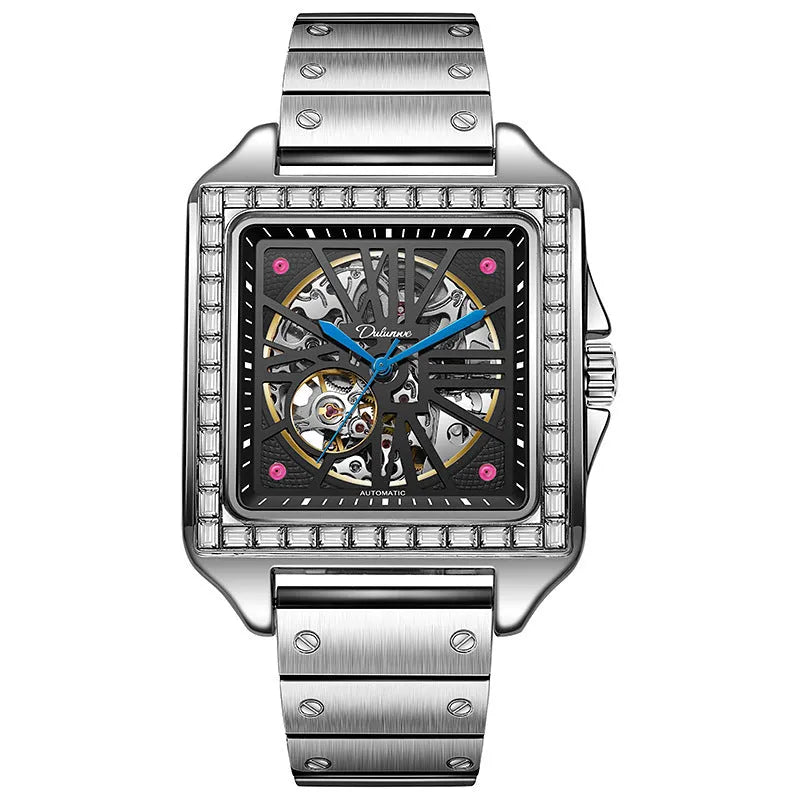 Men's square automatic watch with diamond-studded case on a black leather strap.