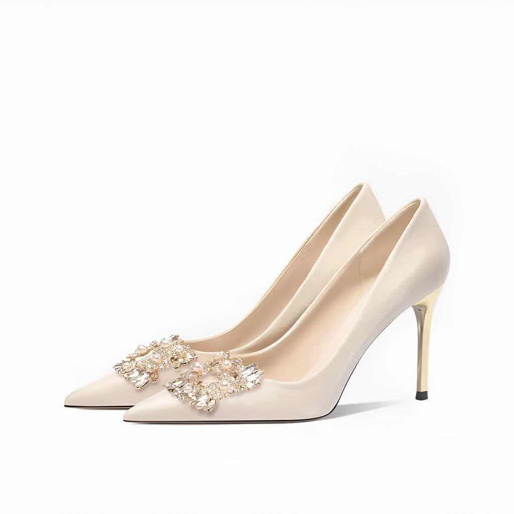 Women's pointed-toe crystal bridal high heels with rhinestones, showing stiletto and cat heel options.