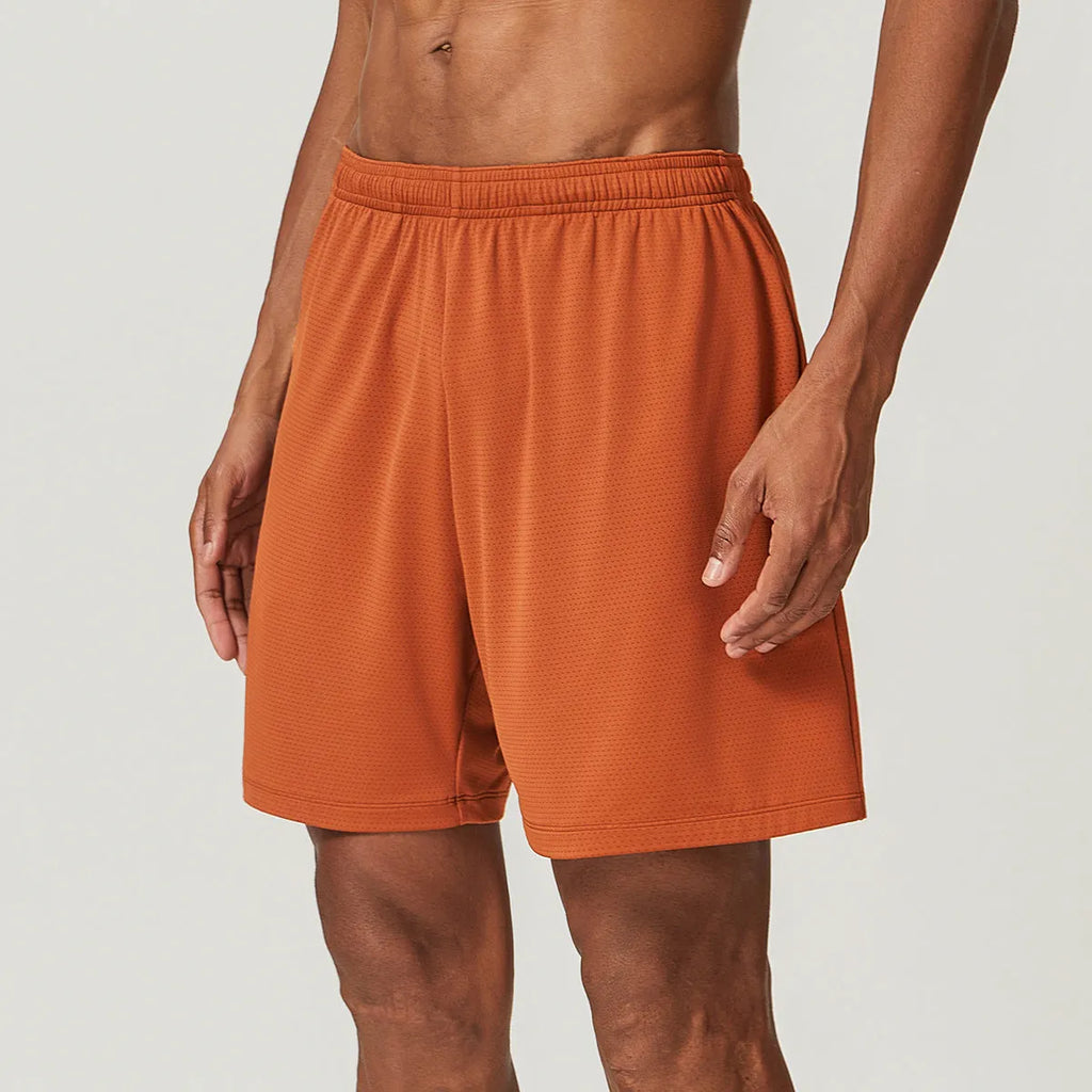 Men's quick-drying double-layer running shorts in sky green, shown from front and back.