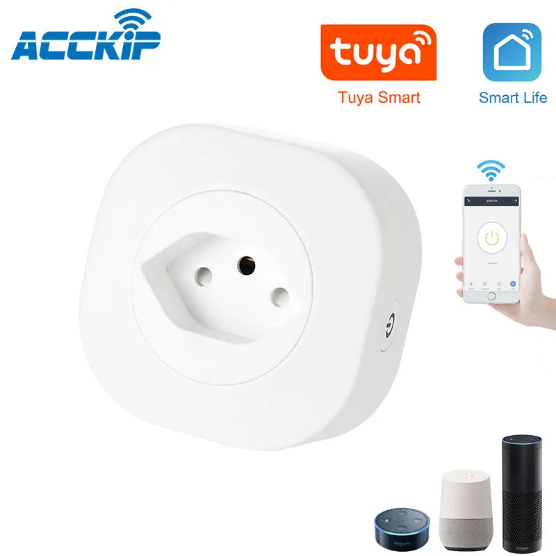 A white smart socket plug with dimensions 70mm x 70mm x 72mm, showing EU, US, and Swiss plug styles.
