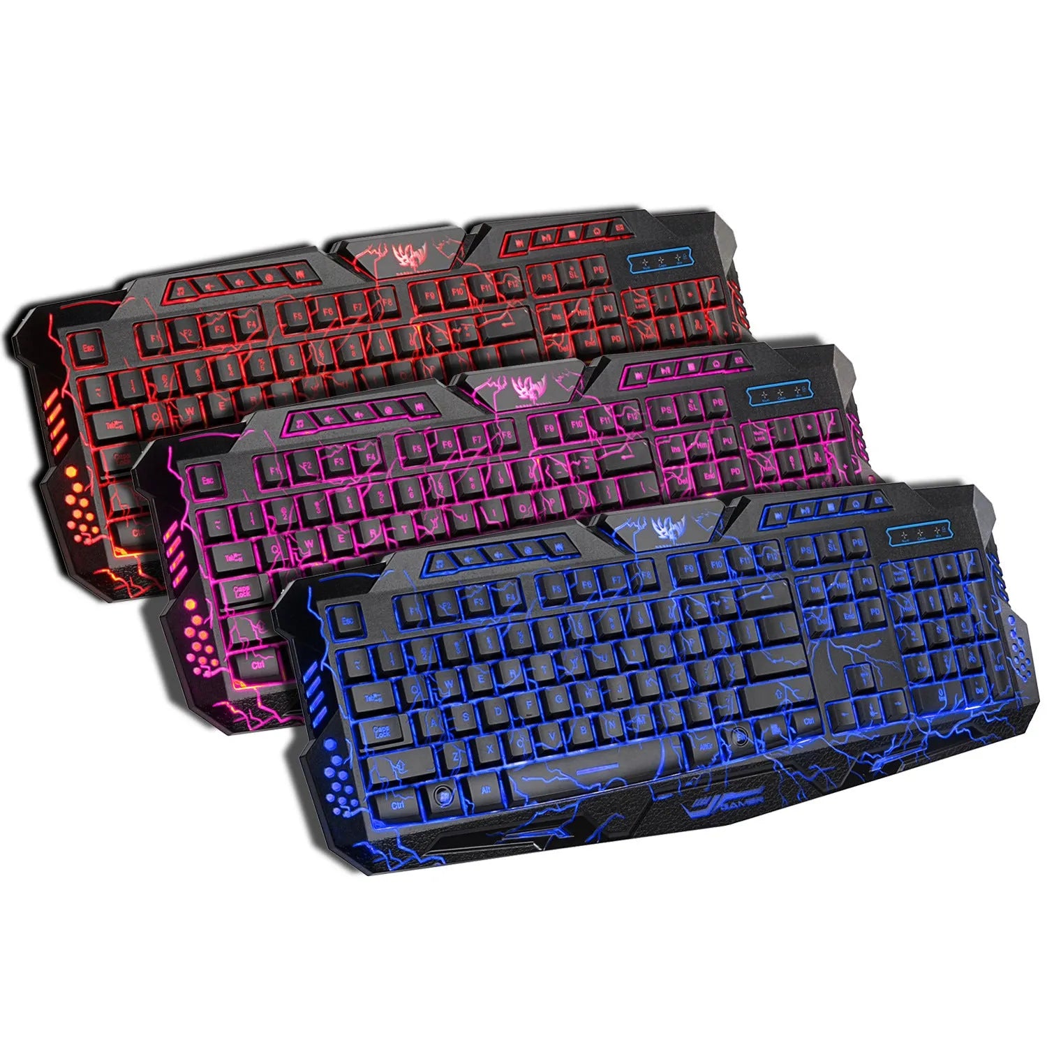 Black backlit game crack keyboard with red, purple, and blue adjustable lighting and anti-slip base