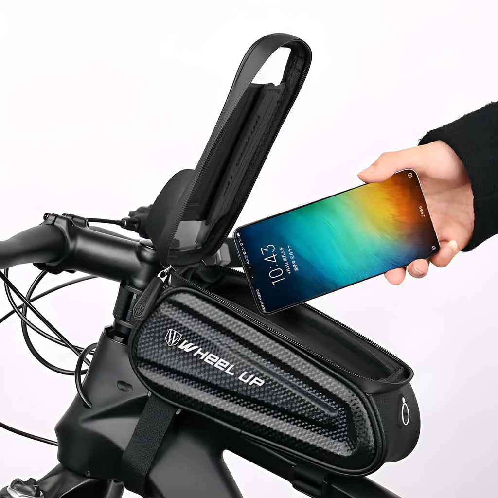 Black and grey EVA mountain bike handlebar bag with reflective strips mounted on bicycle handlebars.