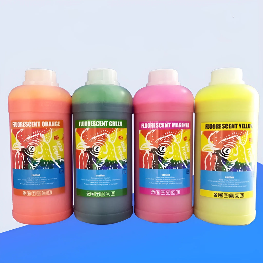 Fluorescent sublimation ink bottles in red, yellow, orange and green colours for heat transfer printing